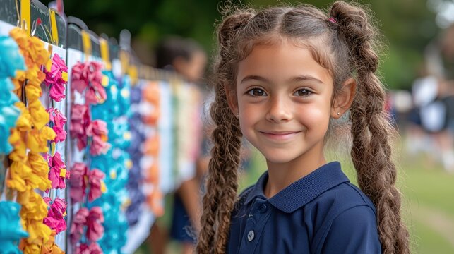 Children proudly present their colorful science fair projects during lively school event, displaying excitement and creativity beside their vibrant display boards