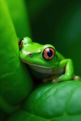 Naklejka premium Emerald green frog's eye peering through lush green leaves, frog, peek, biodiversity