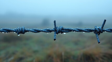 Barbed wire fence on misty day