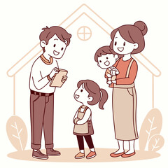 Happy Family Illustration with Parents and Two Young Children Outdoors – Cartoon Style
