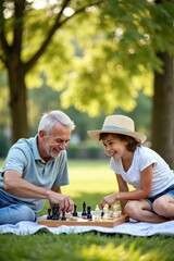 A child and grandparent playing chess in a sunny park, green trees and flowers around, a picnic blanket under the board. Both are smiling and enjoying the game