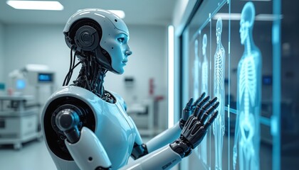 Advanced humanoid robot analyzes human anatomy data in modern medical facility. High-tech equipment, holographic display with virtual interface, simulates medical research. AI tech in healthcare