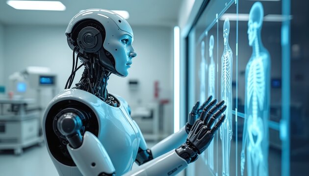 Advanced humanoid robot analyzes human anatomy data in modern medical facility. High-tech equipment, holographic display with virtual interface, simulates medical research. AI tech in healthcare