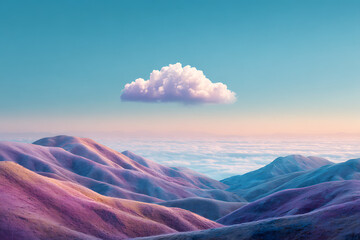 A lone cloud floats above pastel hued mountains with a sea of clouds in the distance under a blue sky