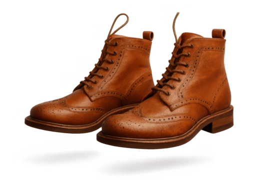 Stylish brown leather brogue boots, classic design, isolated on transparent background