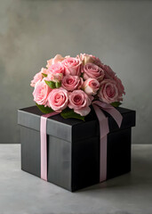 Pink floral on black gift box with ribbon in moody lighting