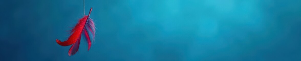 Fototapeta premium A single red and blue feather dangles from a thin string against a vibrant blue backdrop , light, hanging