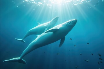 Obraz premium Two white whales swimming side by side near the surface, sunlight filtering through the water. The underwater scene is clear with small fish around