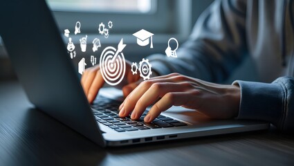 Online education and digital learning concept. Hands typing on a laptop with education icons such as diploma, brain, and target, ideal for e-learning platforms, digital skill development.