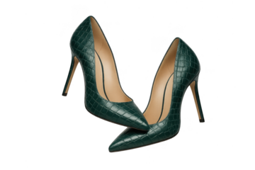 Stylish dark green textured high-heeled pumps, isolated on a transparent background.