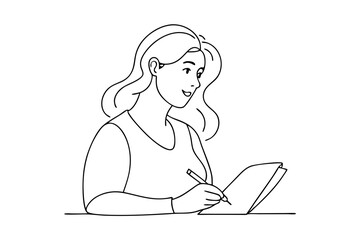 female taking notes on paper line drawing vector