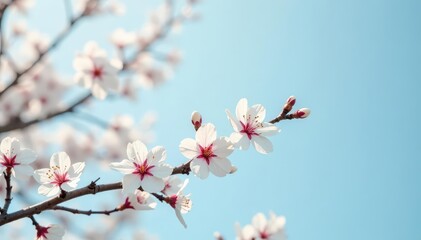 Obraz premium Delicate white cherry blossoms, brown branches, pale blue sky , background, photography