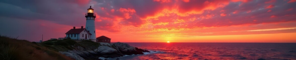Fototapeta premium Fiery sunset paints sky, casting long shadows on iconic Marshall Point Lighthouse , Marshall Point, picturesque, atmosphere