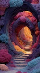 Tunnel of vibrant fantasy trees leads to a luminous golden light