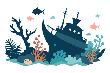sunken broken ship silhouette with marine life vector