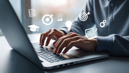 Online education and digital learning concept. Hands typing on a laptop with education icons such as diploma, brain, and target, ideal for e-learning platforms, digital skill development.
