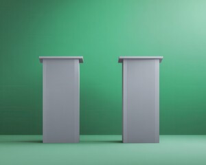 Two gray, rectangular podiums in front of a green backdrop