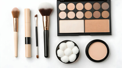 Flatlay of neutral makeup items brushes and cotton on white