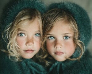 Two young, fair-haired girls wear hooded coats, gazing forward