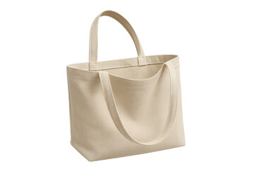 Blank beige canvas tote bag, reusable shopper, isolated on transparent background