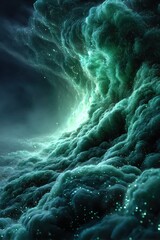 Verdant, luminous, swirling nebulosity with sparkling particles