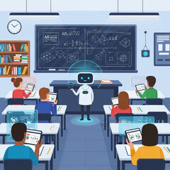 Humanoid robot teaching students in a modern classroom, standing in front of a whiteboard while students use tablets and follow the lesson attentively