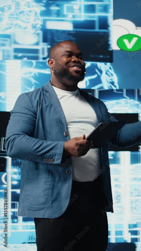 Poster vertical video black public speaker host presenting ai neural networks at live event, sharing insigh