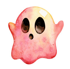 Cute pink ghost character with big eyes in a watercolor style suitable for Halloween decorations and children's art