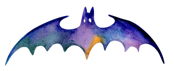 Colorful watercolor bat illustration showcasing mystical wings and an enchanting silhouette against a white background