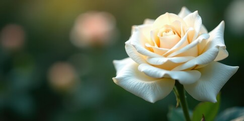 Fototapeta premium Delicate white rose petals, soft light, dew drops , summer, flower