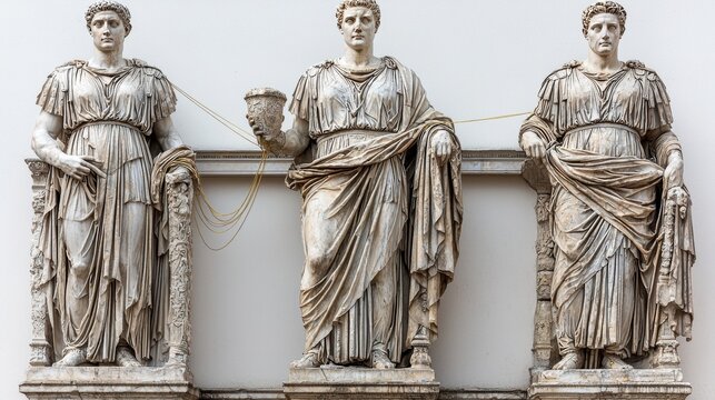 three parcae stand majestically, draped in flowing greco roman robes, each wielding tools of destiny their expressions embody weight of control over human life, linked golden thread