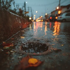 Wet street scene; drain; bokeh lights; leaves; moody urban vibe