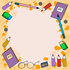 School frame, office supplies line set, paper notebook , education background, contour drawing pattern. Stationery illustration