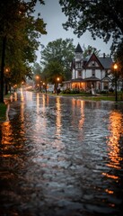 Wet, cobblestone street reflects light of a Victorian home at dusk
