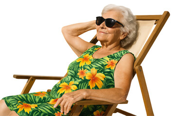 Png image of a stylish elderly woman in a tropical floral dress relaxing on a wooden deck chair with a confident pose and sunglasses, isolated on transparent background.