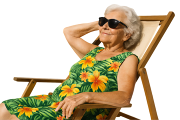 Png image of a stylish elderly woman in a tropical floral dress relaxing on a wooden deck chair with a confident pose and sunglasses, isolated on transparent background.