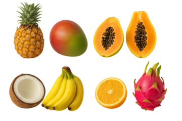 Png set of tropical fruits including pineapple, mango, papaya, coconut, banana, orange, and dragon fruit isolated on transparent background. concept of exotic fruits, healthy snacks, summer vibes.