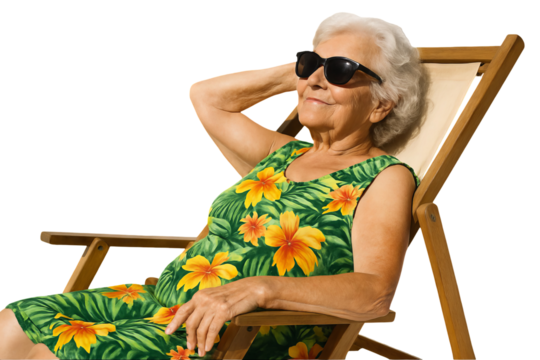 Png image of a stylish elderly woman in a tropical floral dress relaxing on a wooden deck chair with a confident pose and sunglasses, isolated on transparent background.