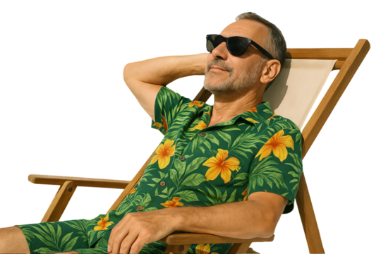 Png image of relaxed man in tropical shirt and sunglasses lounging on deck chair isolated on transparent background. concept of summer holiday, leisure, tropical relaxation.