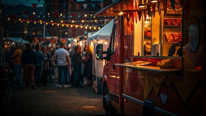 Food truck at night market with people and string lights creating festive atmosphere