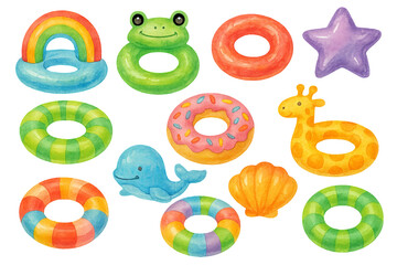 Png set of watercolor inflatable toys with rainbow, animal shapes, and colorful rings isolated on transparent background. concept of summer fun, pool party decor, playful elements