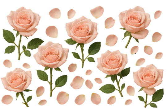 Png set of pink rose petals and flowers isolated on transparent background. concept of floral decor, romantic design, botanical elements, love-themed composition.