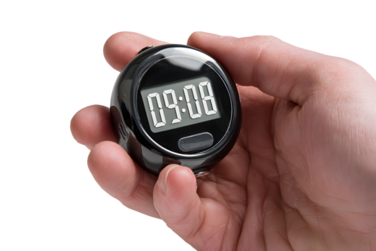 Hand holding stopwatch isolated on transparent background