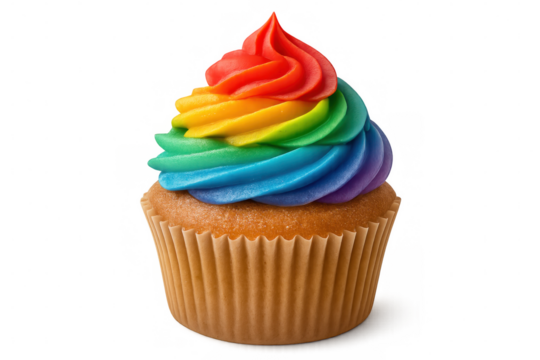 Vibrant rainbow-colored cupcake displaying colorful frosting swirls against transparent backdrop