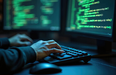 Closeup of hands on keyboard. Programmer types code on screen. Working on computer, coding process, software developer at work. Modern technology, information, business, software development, coding,