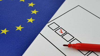 Voter selects candidate with red marker on ballot. Elections in EU. Union flag background. Electoral system strengthens democracy, allowing citizens to influence leadership through transparent voting