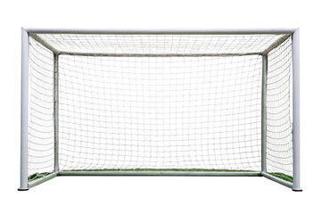White soccer goal with net and green turf base on a black background isolated on a transparent background