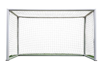 White soccer goal with net and green turf base on a black background isolated on a transparent background