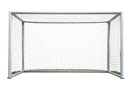 White soccer goal with net and green turf base on a black background isolated on a transparent background