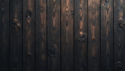 Dark charred wood planks wall texture background. Black, brown, rustic, grunge, aged, vintage, old, timber paneling. Vertical lines, natural grains, knots, burnt scorched. Weathered, distressed